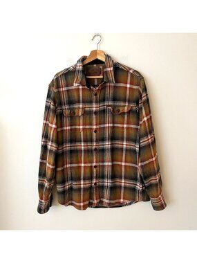 Orvis Heavyweight Plaid Flannel Shirt Jacket Shacket Brown Men's Size Large